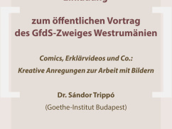 Meghívó a Német Nyelvi Társaság (GfdS) Nyugat-Romániai Fiókszervezetének nyilvános előadására: "Comics, Erklärvideos und Co.: Kreative Anregungen zur Arbeit mit Bildern"